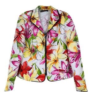 Vintage white pink tropical floral quilted lightweight office jacket medium